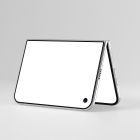 Side view of a foldable smartphone standing in tent mode, displaying a blank white screen with a camera cutout on a plain background.