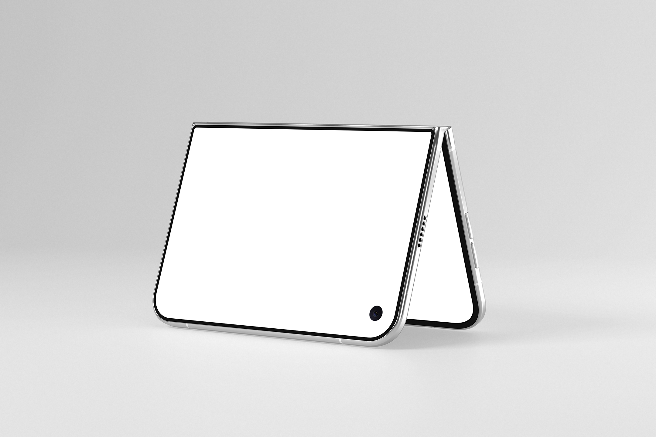 Side view of a foldable smartphone standing in tent mode, displaying a blank white screen with a camera cutout on a plain background.
