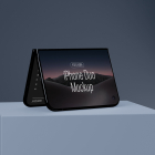 Dark foldable smartphone standing in tent mode on a light blue square pedestal, displaying 'iPhone Duo Mockup' over a dark landscape background.