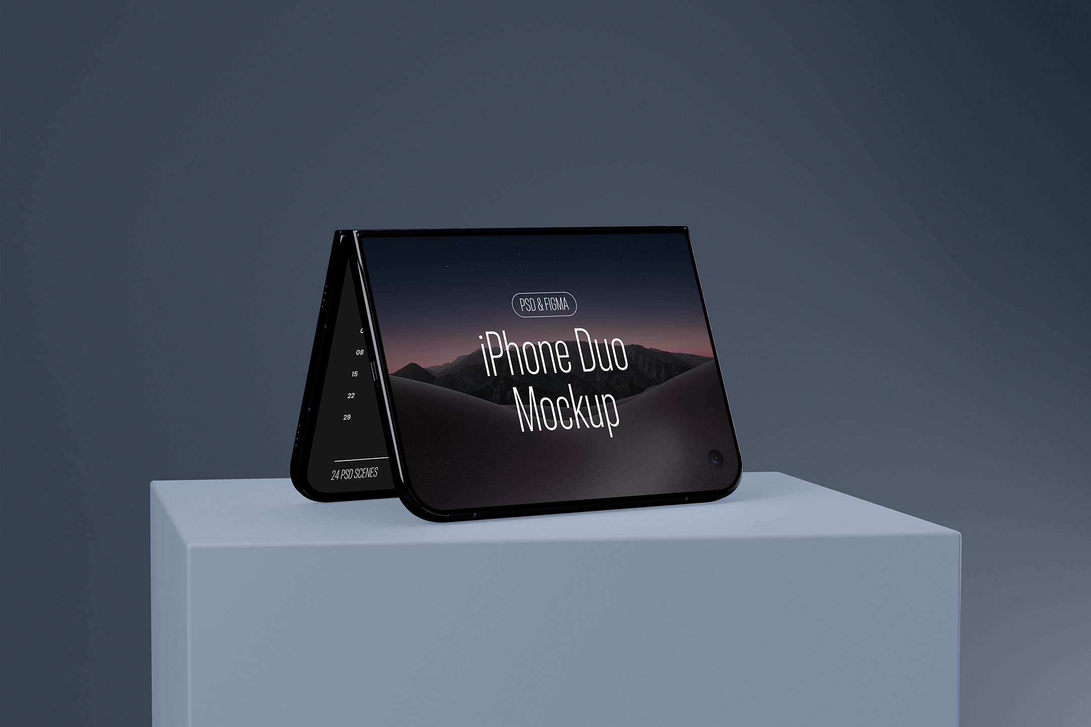 iPhone-Duo-Mockup-25-IDM-a Dark foldable smartphone standing in tent mode on a light blue square pedestal, displaying 'iPhone Duo Mockup' over a dark landscape background.