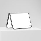 Foldable smartphone standing in tent mode on a white square pedestal, showing its blank display on a minimalist light gray background.