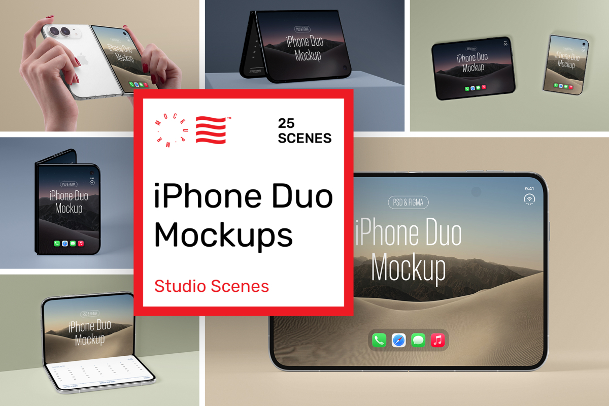 Product cover image from iPhone Duo Mockups showing six scenes from the product.